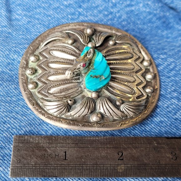 Sterling Silver and Turquoise Horse Head Belt Buckle by artist Johnny Blue Jay - Picture 3 of 4